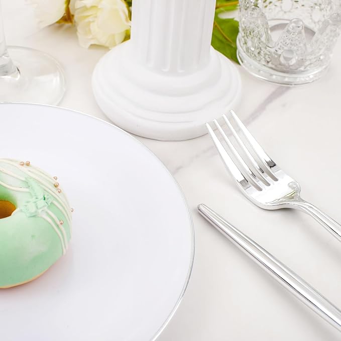 Rubtlamp 100Pcs Plastic Dessert Plates 7.5inch,100Pcs Disposable Silver Forks,White Plastic Plates With Silver Rim, Small Plastic Plates,Dessert Plates With Forks for Appetizer Cake