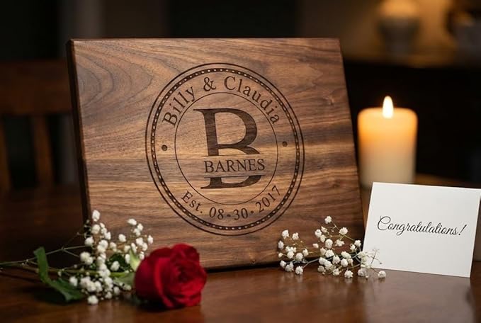 Wedding Gifts or Gifts for Anniversary Couples Custom Cutting Board – Personalized Wedding Gift with Names & Date – Handmade in USA, (Wood Coasters, Display Stand & Gift Wrap options)