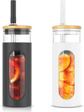 Tronco 20oz Glass Tumbler with Bamboo Lid and Straw, Glass Cup For Boba,Iced Coffee,Smoothie, Spill Proof Glass Water Bottle With Silicone Protective Sleeve, Dishwasher Safe,BPA Free