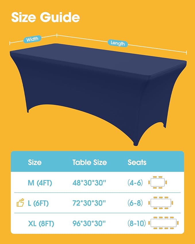 4-Pack Navy Blue Spandex Tablecloths – 72"x30"x30" Stretch Fitted Table Covers for 6ft Rectangle Folding Tables, Wrinkle-Resistant Tablecloth for Wedding, Banquet & Outdoor Events