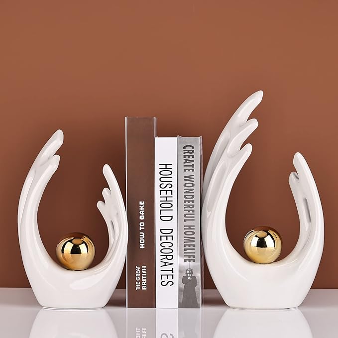 12" H White Gold Aesthetic Room Decor Accent, TV Stand Funky Table Centerpiece, Abstract Art Ceramic Statue and Sculpture, White Decor for Living Room, Bookshelf Decorative Objects, Shelf Decor