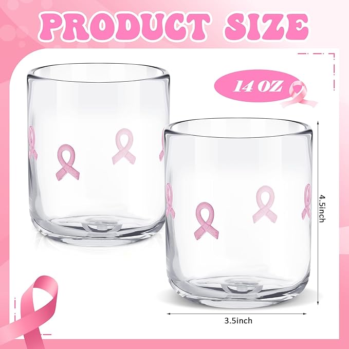 Icon Juice Glasses, 14oz Stemless Wine Drinking Juice Glass Cup for Valentine Party Supplies Gift(2 Pcs,Pink Cancer Ribbon)