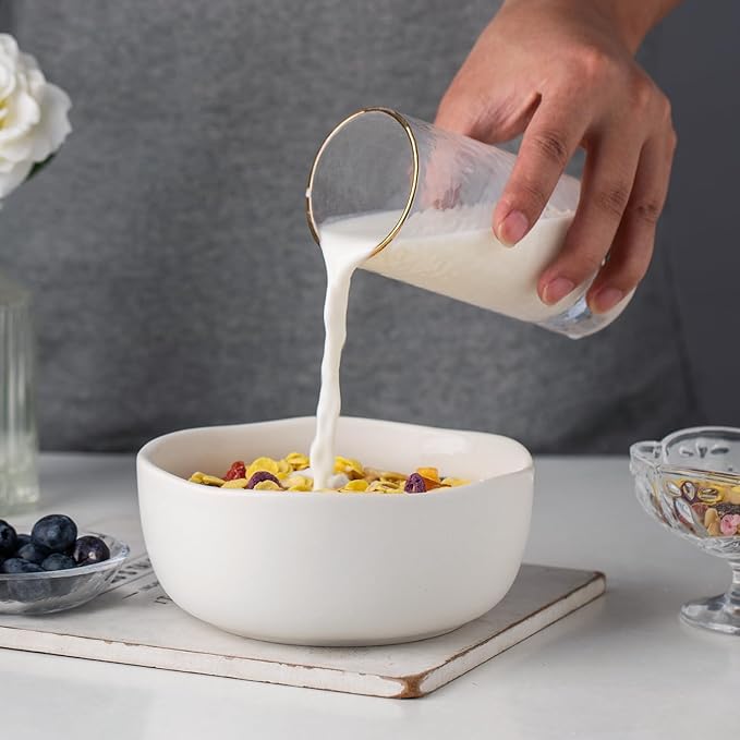AmorArc Stoneware Cereal Bowls for Kitchen, 28oz Large Ceramic Soup Bowls Set of 4 for Meal, Snacks,Soup, Oven, Microwave&Dishwasher safe Kitchen Bowls with Wavy Rim, Matte White