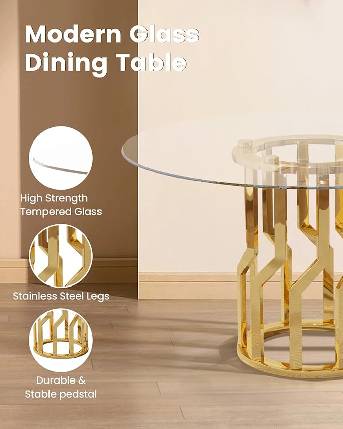 47.2" Round Glass Dining Table Set for 4, Modern 5 Piece Kitchen Table Set with Gold Stainless Steel Base & 4 PU Leather Accent Chairs, Saving Space, Dining Set for Apartment, Home - White Chair