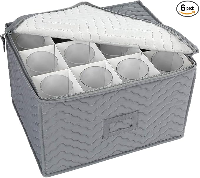 LotFancy Stemware Storage Container - Deluxe Quilted Storage Case with Dividers for 12 - Wine Glasses, Champagne Flutes, Glassware, Drinkware Storage Box Chest, 15.5"x12.5"x 10", Gray
