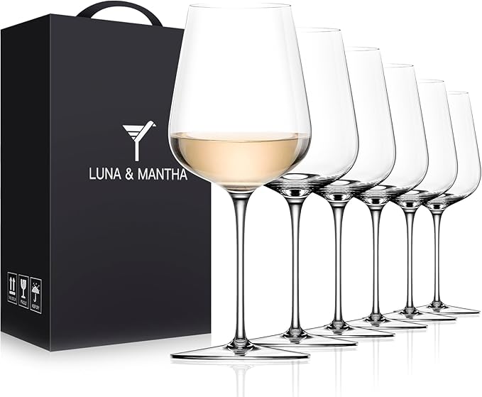 LUNA & MANTHA Wine Glasses Set of 6, Crystal White Wine Glasses with Long Stem, Hand Blown 14oz, Red White Gift Packaging for Daily Use, Father's Day, Wedding Anniversary or Birthday