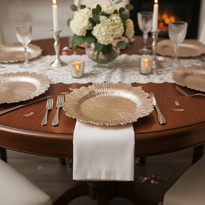 LOYALHEARTDY 24 Pack 13 Inch Rose Gold Charger Plates, Plastic Reef Textured Rim Round Decorative Underplates for Wedding, Party, Dinner Table