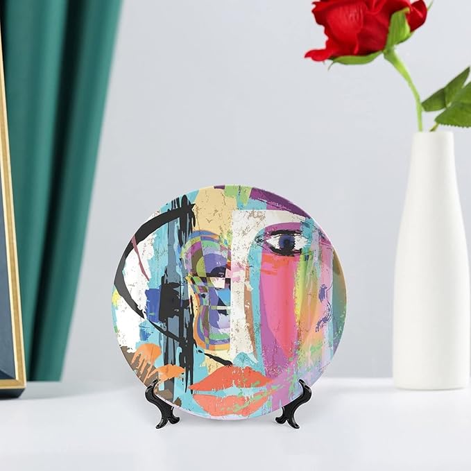 Ceramic Plates, Abstract Decorative Ceramic Plates, Woman Face Art Paint Strokes and Splashes Eye Red Lips Grungy, 10 Inch, Household Plates Decorative, Multicolor