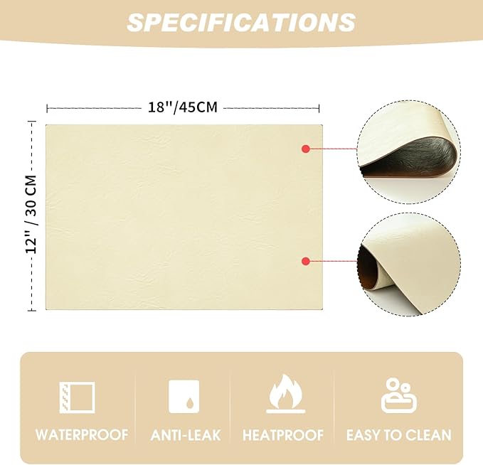 Artoid Mode Beige Faux Leather Placemats Set of 4, 12x18 Inch Waterproof Wipeable Heat Resistant Vinyl Place Mats, Reversible Table Mats for Kitchen Dining Decor