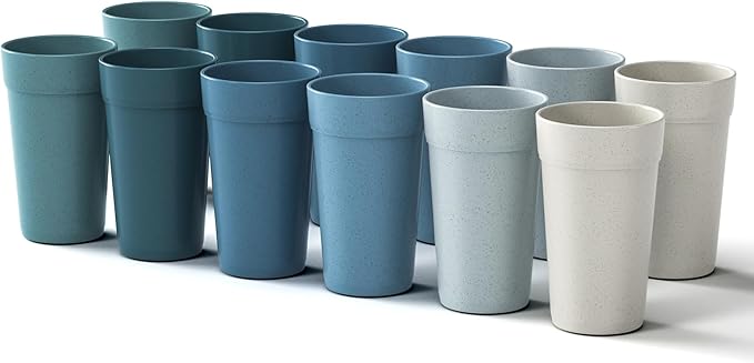 Homestockplus 20 Oz Wheat Straw Cups, Set of 12 Unbreakable Plastic Drinking Cups, Dishwasher and Microwave Safe, BPA-Free and Reusable Cups for Kitchen, Home, and Outdoor Use