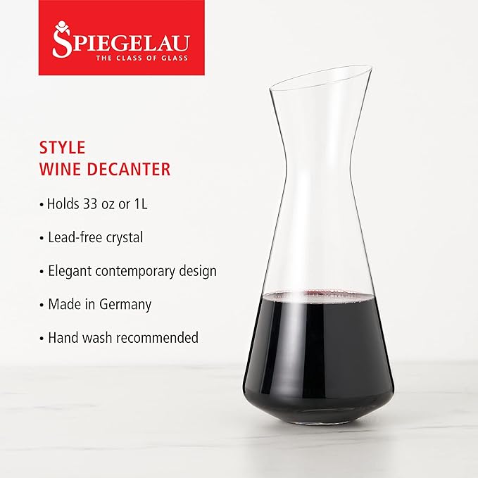 Spiegelau Style Crystal Wine Decanter, Elegant Carafe for Red and White Wine, Modern Glass Pitcher for Wedding Gifts, Housewarming, Hosting Essentials, Home Bar, 33 oz (1 L), Set of 1
