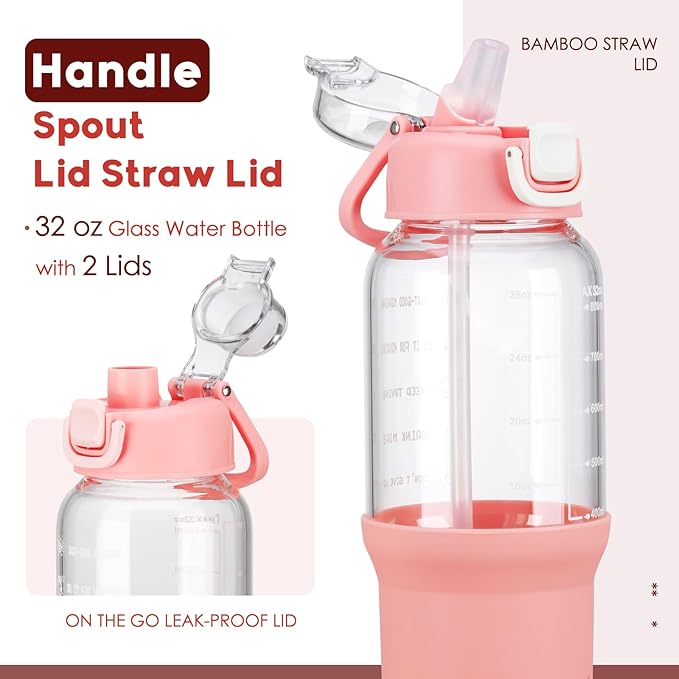 SIEROZUR 32 oz Glass Tumbler with Straw, Glass Water Bottles with 2 Lids-Handle Spout Lid & Straw Lid, 1 Liter Motivational Water Bottles, Silicone Sleeve, Fits Car Cup Holder,Pink