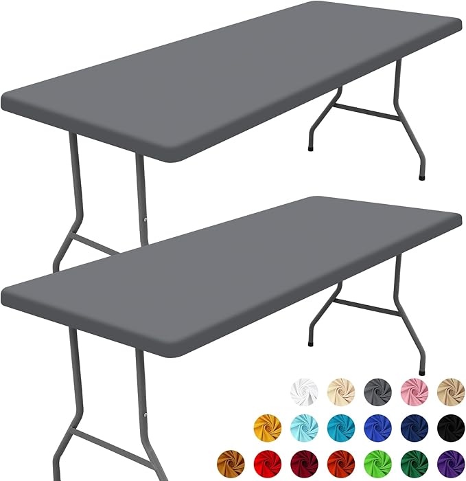 Spandex 6 Foot Rectangle Table Cloth 2 Pack, Elastic Fitted Tablecloths for Picnic, Stretch Washable Patio Table Cover for Outdoor, Camping, Banquet and Parties (Grey, 30"x72")