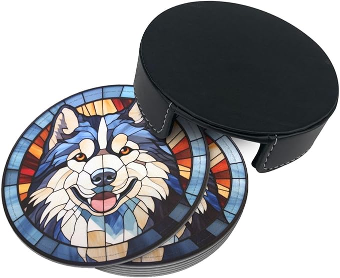 Drink Coaster Set of 6, Alaskan Malamute Dog Mom Lover Gift,Leather Drink Coasters with Holder,6 Pack Cup/Bar/Drink Coasters for Table/Drinks/Coffee Protection Housewarming Gift