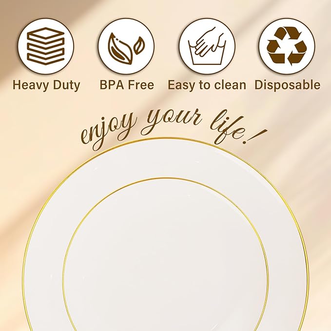 Nervure 100Pcs Ivory and Gold Plastic Plates - 10.25inch Disposable Ivory Dinner Plates - Heavy Duty Plastic Plate Ideal for Wedding & Party