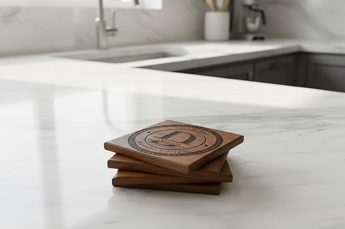 Personalized Wooden Coasters with Monogram, Wedding Date Engraved, Family Name- Choice of Wood (Split Letter Monogram)