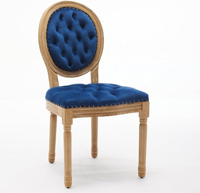 Ball & Cast French Vintage Upholstered Dining Chairs Set of 2, Button Tufted Kitchen Side-Chairs with Carved Antique Wood Frame & Nailhead Trims, 2-Piece Curved Backrest Louis Chair, Velvet Blue