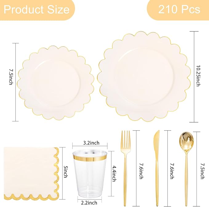 LIYH 210 Pcs Ivory Plastic Plates Scalloped Plastic Plates Disposable Dinnerware Set Cream Gold Scalloped Plate Include Plate Gold Silverware Napkins Cup for Birthday Valentine's Day 30 Guests