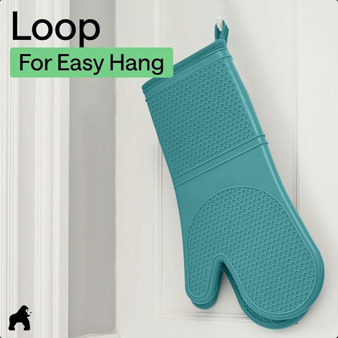 GORILLA GRIP BPA-Free Soft Silicone Oven Mitts, Heat Resistant and Waterproof Cooking Gloves, Thick Cotton Lining, Flexible Gripping for Baking Grilling, Kitchen Potholders Set, 12.5x8.3, Turquoise