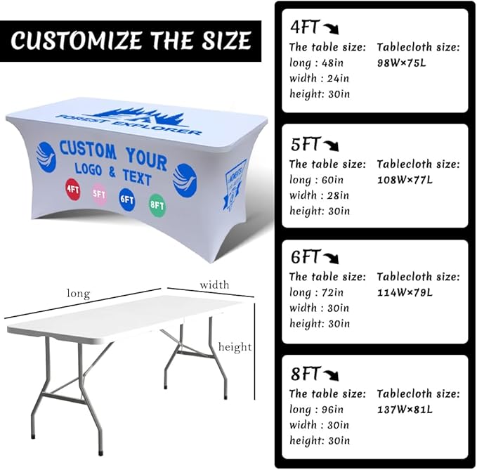 Personalized Table Cloth with Logo Image Customized Tablecloth 4FT/5FT/6FT/8FT Spandex Customized Table Cover Promotional Business Tradeshow Events Birthday Party Wedding (8FT Spandex(Open back))