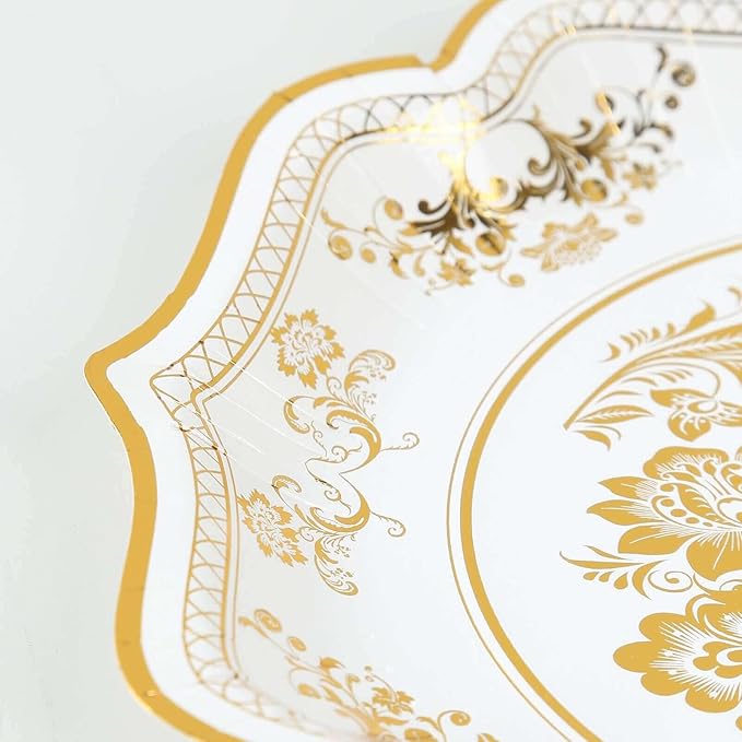 50 Pack 10" White Gold French Toile Dinner Plates, Disposable Round Paper Party Plates 300 GSM for Festive Table Decoration