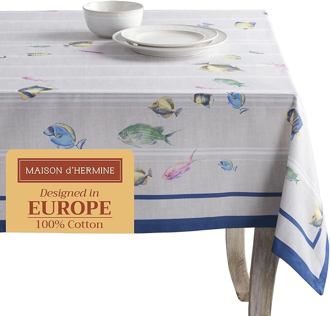 Maison d' Hermine Table Cloth Rectangle Table 100% Cotton 60 x 90 Inches Tablecloth Reusable Decorative for Dining Room Farmhouse Home Valentines Day Decorations Spring Summer - Poisson
