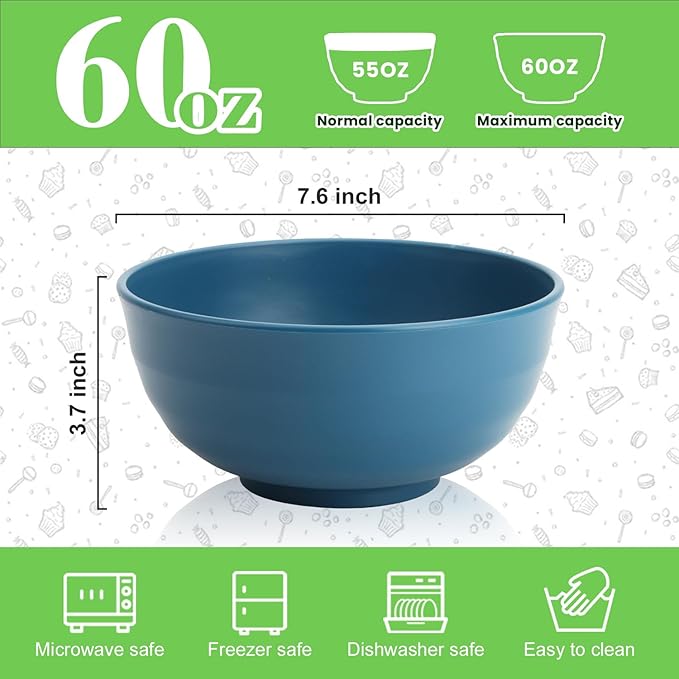 Wheat Straw Bowls Set of 6, 60 OZ Unbreakable Camping Bowls, Microwave Safe & Dishwasher Safe, Large Salad Bowls for Outdoor, Picnic, RV Trips, Ramen, Cereal, Soup, Dark Blue