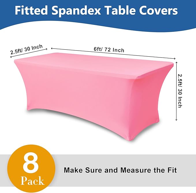 Table Cover for 6 Foot Rectangle Tables-8 Pack Pink Fitted Stretch Tablecloth-Elastic Spandex Tablecloths for Party, Wedding, Vendor Booth Display, Banquet Buffet Event, Craft Trade Show