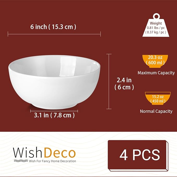 Cereal Bowls Set of 4, White Soup Bowls 20 oz, Ceramic Breakfast Bowl 6 Inch, Kitchen Bowl for Salad, Pasta, Ramen, Oatmeal, Noodle, Rice, Microwave and Dishwasher Safe