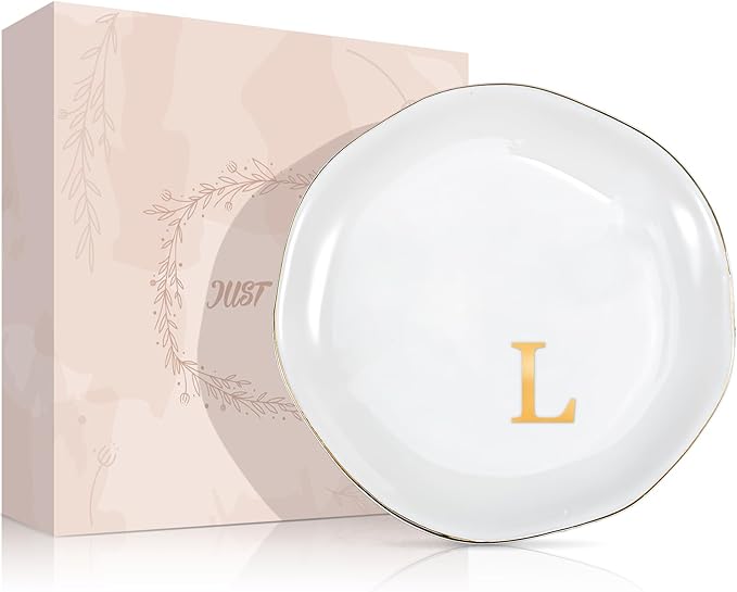 ProCase Ceramic Jewelry Tray, Initial Ring Dish Trinket Plate Engagement Gift, Small Personalized Monogram Ring Bowl for Wedding, White Decorative Jewelry Holder for Women Vanity -Letter L