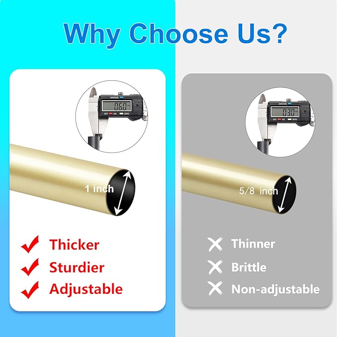 Curtain Rods for Windows 16 to 88 Inches Adjustable Length 1 Inch Diameter Window Curtain Rod with Aluminium Finials, Warm Gold
