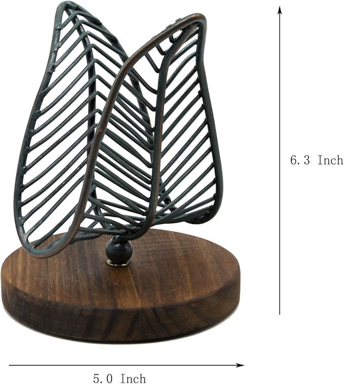 OwlGift Freestanding Modern Napkin Holder w/Golden Turquoise Wrought Iron Leaf & Brown Wooden Base Design, Tabletop Tissue Dispenser, Napkin Storage Organizer