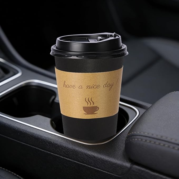 50 Pack 20 oz Disposable Coffee Cups with Lids, Paper Hot Coffee Cups with Sleeve and Straw, To Go Cups for Home, Office and Party (Black 20oz)