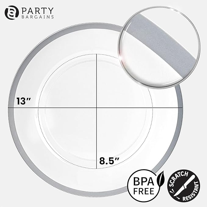 PARTY BARGAINS 13-Inch Charger Plates - 16 Pack, Clear Silver Rim, Heavy-Duty Disposable Chargers for Elegant Dining - Ideal for Weddings and Formal Events