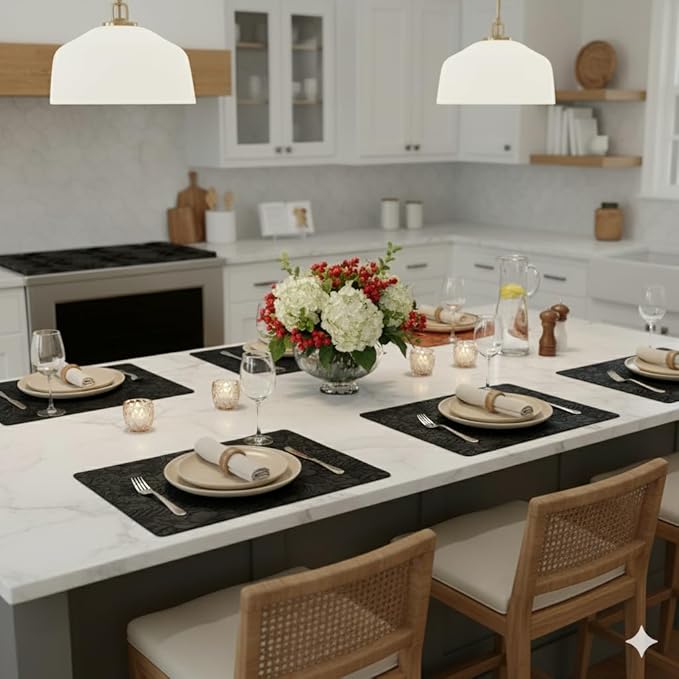 SolaraDawn Faux Leather Table Placemats Set of 6, Washable, Wipeable & Heat-Resistant Table Mats, Waterproof Dining Place Mats with Embossed Texture for Kitchen & Dining, Black, 17" × 12"