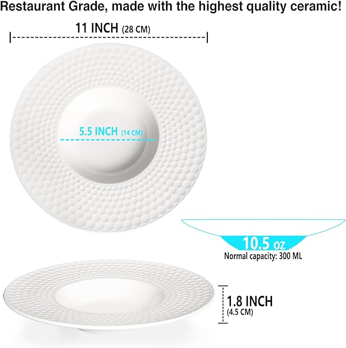 Creative home decor ceramic wide-rimmed soup bowls/plates, 10.5 oz pasta bowl four-piece set, white embossed bowls and plates with rims, ideal for upscale restaurants, hotels and gourmets, 11 inches.