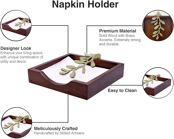 Napkin Holder - Solid Wood Brown Finish Home Decor & Kitchen Decor Table Countertop Serviette & Tissue Holder with Metal Ornament Arm in Silver Gold Finish - Indoor and Outdoor Use - Leaves Design