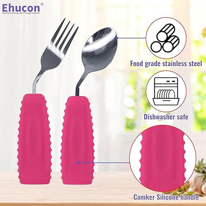 Adaptive Utensils Set for Hand Tremors,Arthritis and Parkinsons -Weighted Silverware with Non-Slip Handle to Easy Grip,Eating Flatware for Elderly Use (Left hand 1fork+1spoon=1set,Pink)