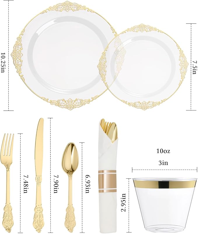 Goodluck 350 Piece Clear Gold Plastic Dinnerware Set for 50 Guests, Fancy Disposable Plates, Include: 100 Gold Rim Plastic Plates, 150 Silverwares, 50 Pre Rolled Napkins, 50 Cups for Party, Wedding