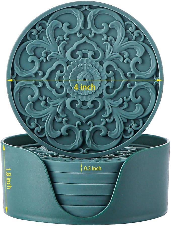 Colinda Silicone Coasters - Set of 6 with Holder, Non-Slip Cup Mats for Hot and Cold Drinks, Decorative Designs, Gift Ready Packaging, Navy Blue