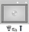 ROVATE 20 x 16 inch Drop-in Kitchen Sink Single Bowl, Topmount Kitchen Sink Handmade, 304 Stainless Steel Overmount Kitchen or Bar Sink with Basket Strainer, 20 x 16 x 9 inch