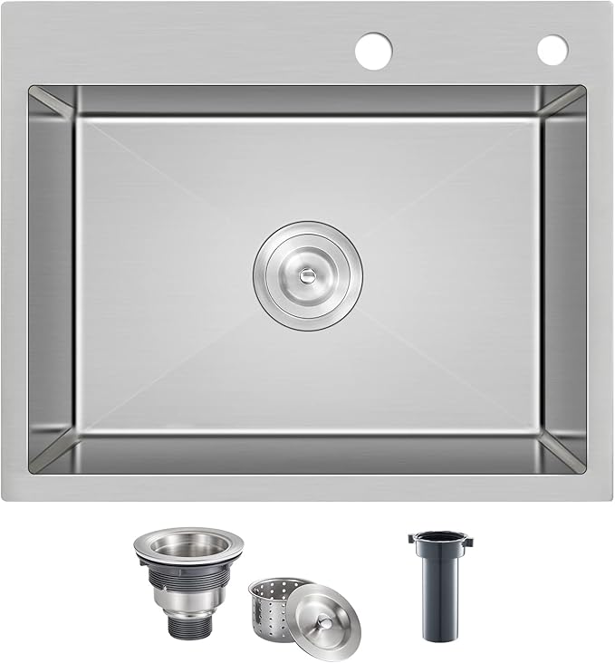 ROVATE 22 x 18 inch Drop-in Kitchen Sink Single Bowl, Small Topmount Kitchen Sink, Handmade 304 Stainless Steel Overmount Sinks with Strainer