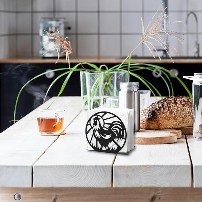 Chicken Decorative Black Metal Napkin Holder for Table, 4.9" x 4.6" x 2" Rooster Farm Animal Standing Napkin Holder for Home Kitchen Restaurant Picnic Party Coffee Bar Dining Room
