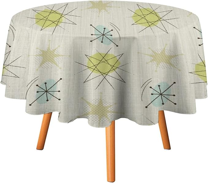 Mid Century Retro Round Tablecloth, Modern 1950s Style Abstract Geometric Vintage Print Tablecloth for Home Party Dining Room Kitchen Decor 50Inch(127cm)