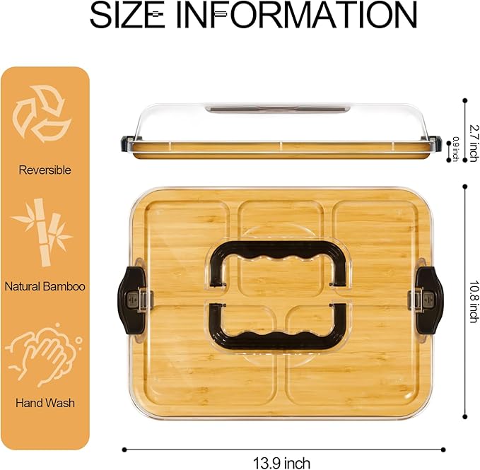 Portable Charcuterie Board with Locking Lid | 5-Compartment Bamboo Cheese Board & Serving Tray | Essential for Travel & Picnics | Ideal Housewarming Gift for New Home, Wedding