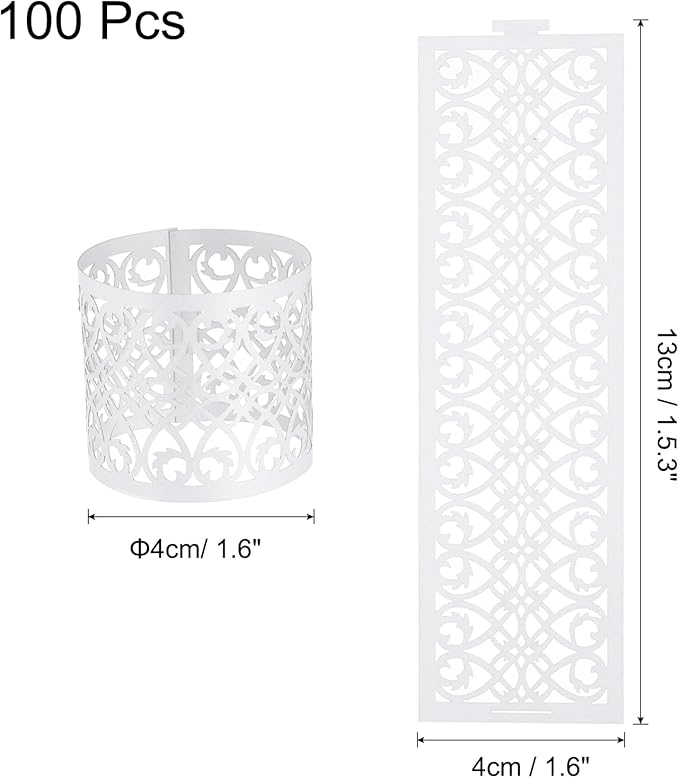 uxcell 100Pcs Napkin Rings Laser Cut Foil Paper, Napkin Holder Hollow Napkin Bands for Weddings Party Serviette Table Decoration Restaurant (White, 5.3 x 1.6)