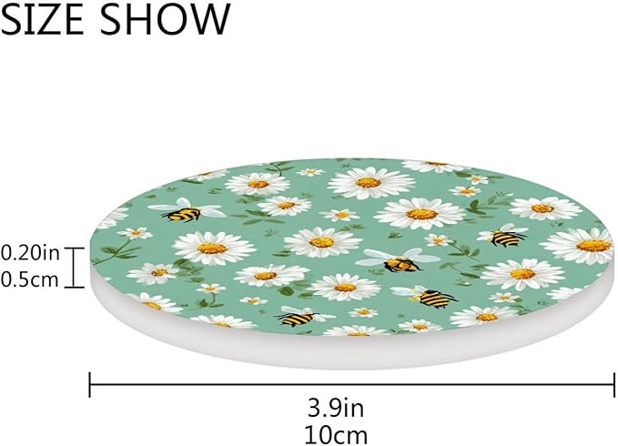 Coasters for Drinks Coaster Drink Set Decorative Coffee Table Desk Cup Mat Spring Cute Cork Bar Backing Round Home Decor Mint Green Daisy Flowers and Bees25