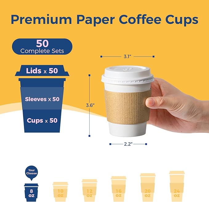 Fit Meal Prep 50 Pack 8 oz Disposable Coffee Cups with Lids, Sleeves, Leak-Proof To Go Coffee Cups with Lids, Durable Hot Paper Cups for Home, Office, Party, Business