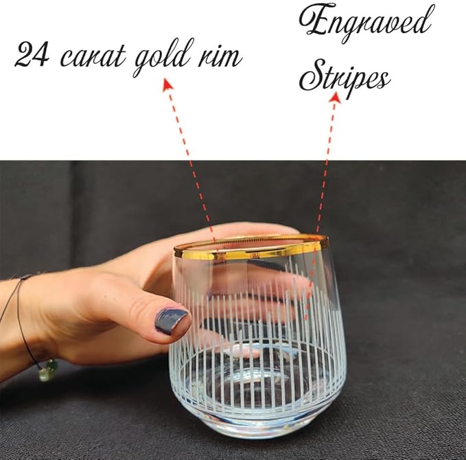 Gold Rim Cocktail Wine Whiskey Drinking Glasses Set of 6 Glassware Rimmed Trim Crystal Cups Juice Water Drinkware Drinks Bar Fancy Party Wedding Vertical Striped