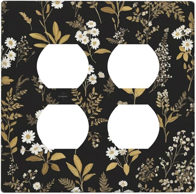 Light Switch Cover Black/Gold Boho Botanical Floral Rustic Flowers 2 Gang Decorative SwitchPlates Double Duplex Wall Plates Switch Plates and Outlet Covers for Bathroom Kitchen Decor